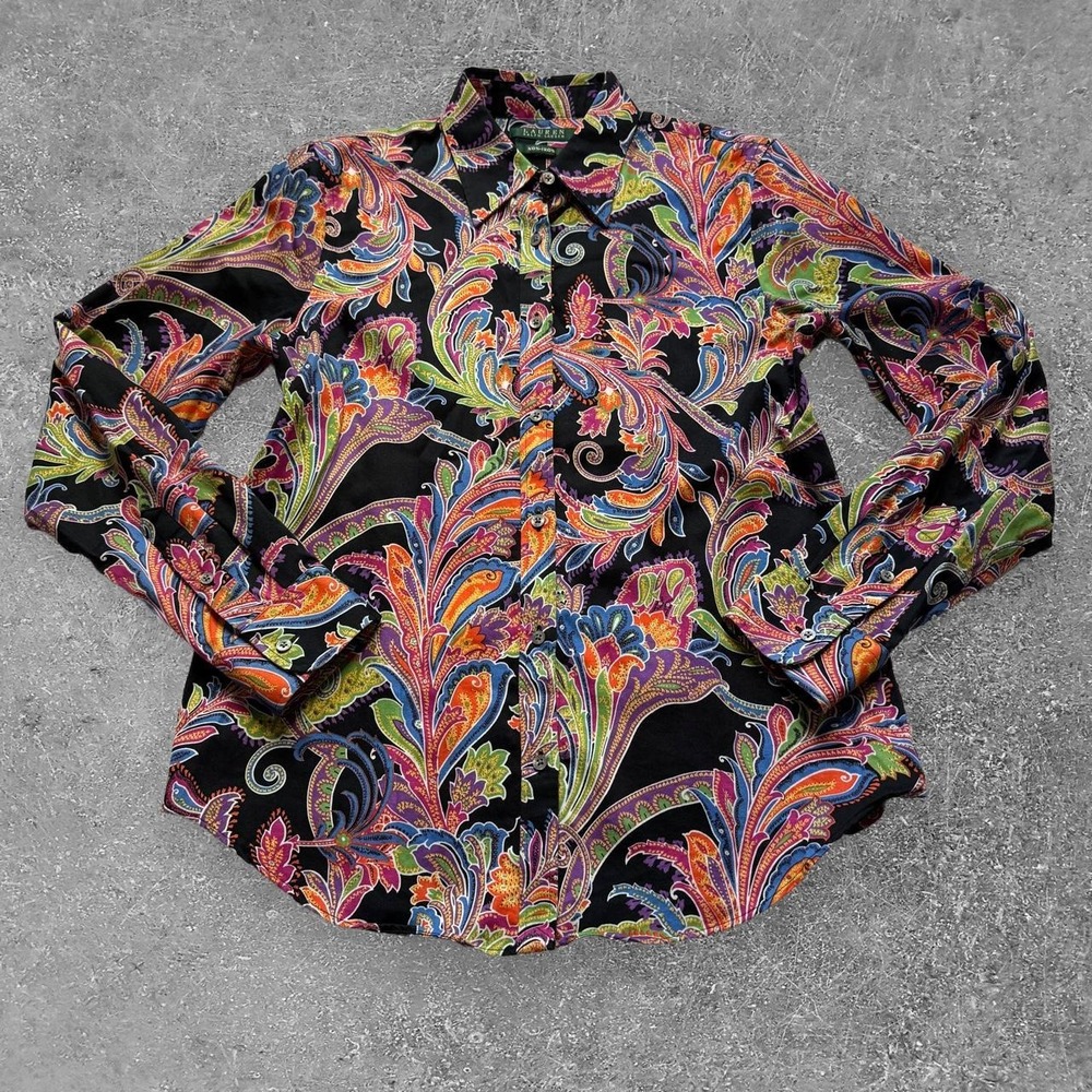 Lauren Ralph Lauren Vintage Black Paisley Button Up Shirt Multi Floral 70s Style